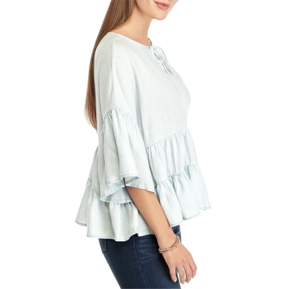 Adyson Parker Chambray Bell Sleeve Tiered Linen Blouse Size L Boho